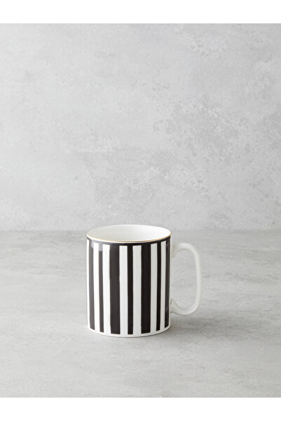 English Home Stripy White Bone Porselen Kupa 290 ml Siyah-Beyaz-Gold