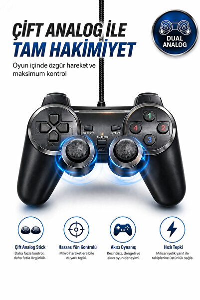 Maybax Oyun Kolu Pc Laptop PS3 Uyumlu Titreşimli Usb 2.0 135cm Kablo Çift Analog Stick