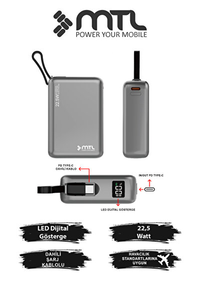 MTL 20000 mAh 22.5W Süper Hızlı Şarj Dahili Kablolu LED Göstergeli PD ve QC 3...