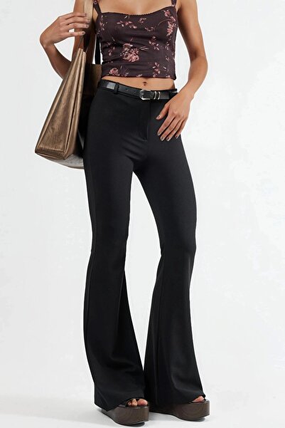 Hiccup QU STYLE Παντελόνι με ζώνη και ψηλόμεσο ισπανικό τελείωμα