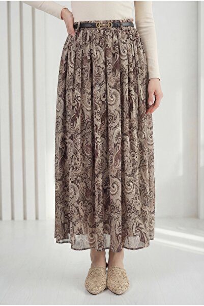 BENAHOLL Φούστα σιφόν με σχέδιο Müberra και ζώνη-FA1073 Πέτρινο-Καφέ