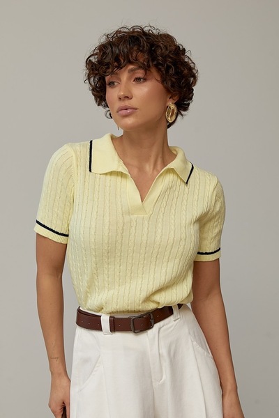 Arbucky Women's Polo Neck Hair Braided Short Sleeve Slim Knitwear Sweater