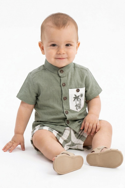 bebegen Baby Boy Green Buttoned Palm Embroidered Muslin Striped Shorts 2-Piec...