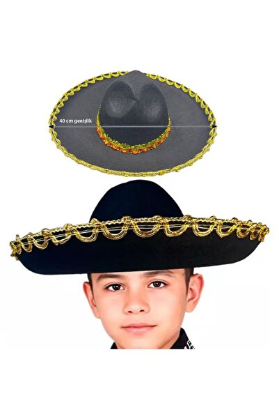 partidolu Siyah Renk Keçe Kumaş Meksikalı Latin Mariachi Şapkası Altın Şeritl...