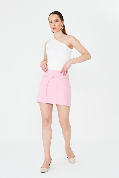 LA PANTE Shorts Skirt Women's Skirt with Shorts Mini Metal Buckle Belted Belted Side Zipper Pink Fabric