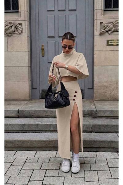 Gülmude Cool Cape Midi Length Buttoned Skirt Set Evening Dress