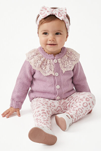 bebegen Baby Girl Pink Leopard Printed Piece Knitwear Cardigan Eyelet Embroid...