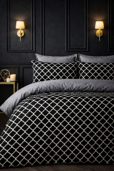 MORE HOME طقم غطاء لحاف مزدوج + غطاء وسادة بنمط أسود وأبيض