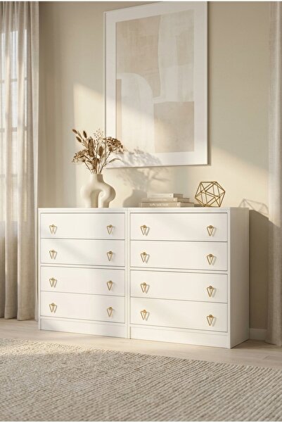 FOR WOMAN DESİGN Ahşap Beyaz Şifonyer 8 Çekmeceli Gold Kulplu Modern Geniş Sa...