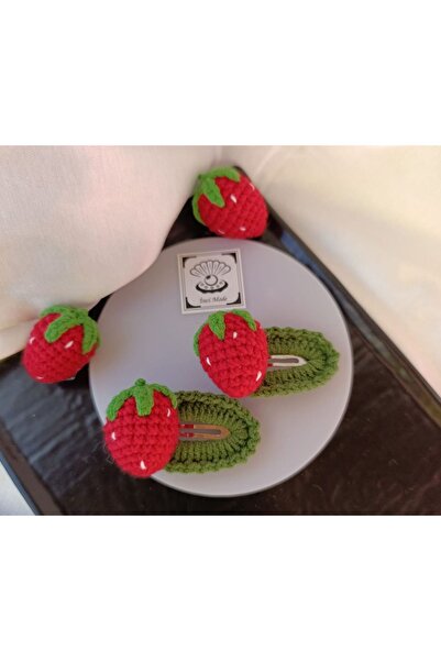 İnci Mode Cute Strawberry 2-Piece Snap Buckle Set, Hand Knitted Buckle Red On...