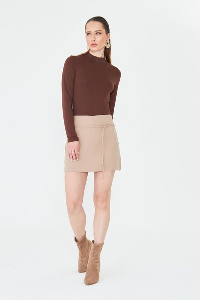 LA PANTE Shorts Skirt Women's Skirt with Shorts Mini Metal Buckle Belted Belted Side Zipper Camel Fabric