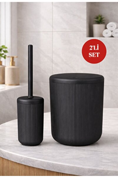 Okyanus Home Linea Siyah Çizgili Yuvarlak 2'li Wc Kova Ve Fırça Seti