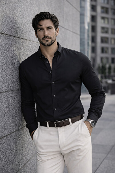 Valiberta Μαύρο ανδρικό πουκάμισο Oxford - Κανονική εφαρμογή, αναπνεύσιμο, λύκρα