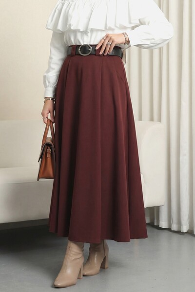 Modamorfo Thick Belt Layer Tivil Skirt with Pleated Side Zippers - Burgundy