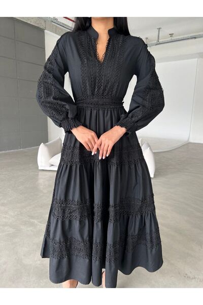 ELEWOMEN Dantelli siyah poplin elbise, yazlık model