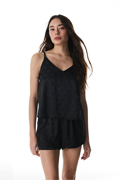 Penti Set de pijamale din satin negru liliac cu pantaloni scurți