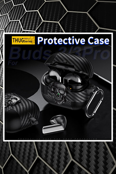 EWEC Galaxy Buds3, Buds3 Pro ve Buds3 FE Uyumlu Karbon Fiber Hybrid Polymer Tech Kilitli Kulaklık Kılıfı