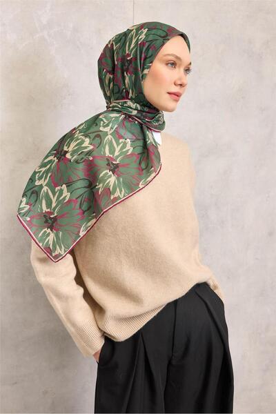 Silk Home Βαμβακερό πολυεστερικό κασκόλ Πράσινο-Φούξια Μπεζ Μαύρο με Βοτανικό...