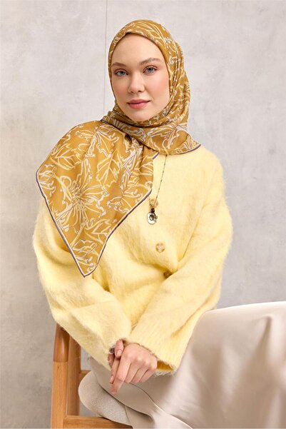 Silk Home Μαλακό κασκόλ από βαμβάκι και πολυεστέρα, μουσταρδί, λιλά-μπεζ, με ...