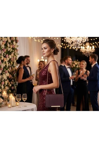 Elentra Plum Evening Bag, Satin Look Gold Clip Clutch Bag, Chain Strap Women's Evening Bag