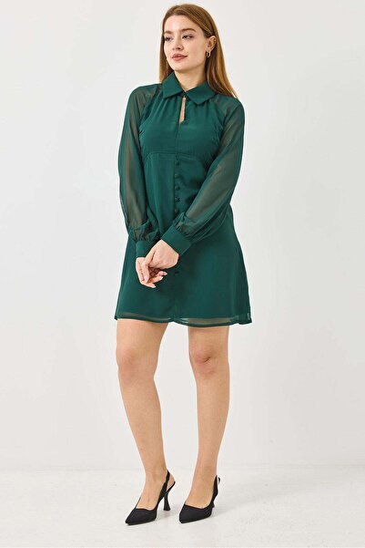 Raneel Kazançlı Alışveriş Women's shirt collar solid woven long sleeve chiffo...