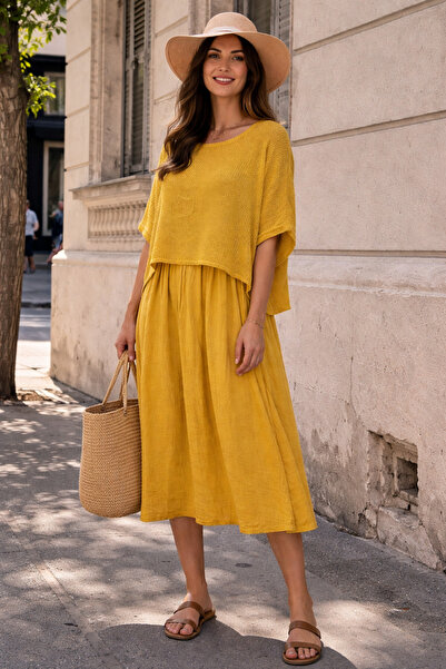 EREN STYLE Ολόσωμο φόρεμα ιταλικής μουσελίνας με επένδυση από διχτυωτό μπλούζα