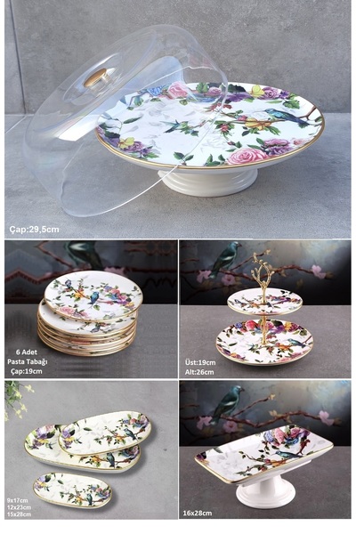 Pinkev Flora 13 Parça Seramik Pasta Kek Servis Sunum Tabağı Tabak Takımı Seti