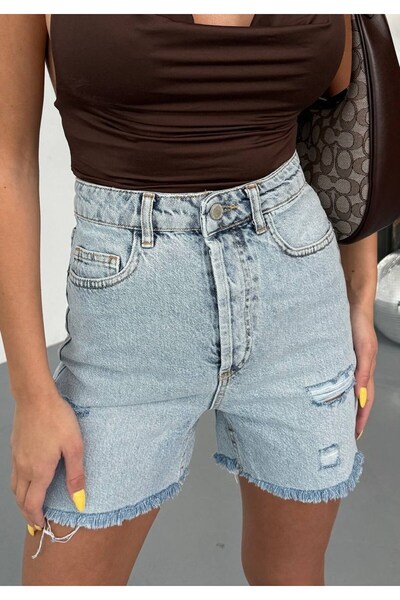 HerTon Γυναικείο ψηλόμεσο σκισμένο τζιν σορτς βερμούδα με λεπτομέρειες