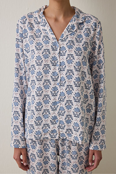 Penti Açık Mavi Blue Flowers Uzun Kollu Gömlek Pijama Takımı