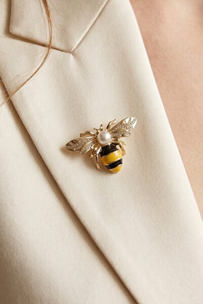 Elika Silver Şans Arı Model İnci Detaylı Gold Broş