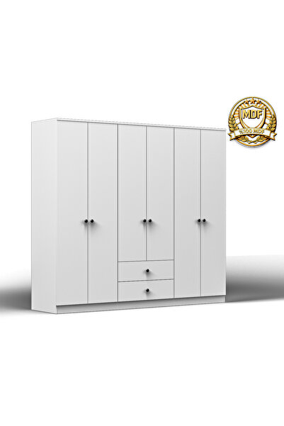 Kupon Home 6 Kapılı Gardırop 2 Çekmeceli Elbise Dolabı 212 cm Modern MDF Dolap