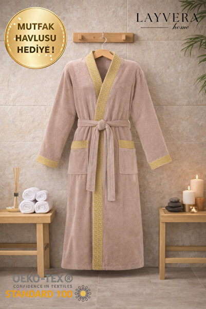 Layvera Μπουρνούζι ανδρικό-γυναικείο 100% ΒΑΜΒΑΚΙ |   Ελληνικό Σχέδιο-Μπεζ-Με...