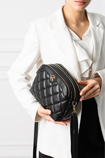 MILANOFOX Γυναικεία μαύρη δερμάτινη καπιτονέ τσάντα χιαστί και ώμου με χρυσή ...