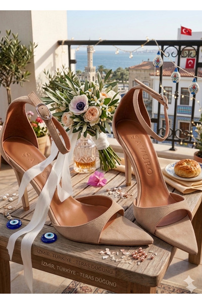 ŞAWURO abiye ayakkabı bej süet sivri burun topuk boyu 11 cm