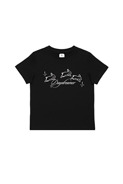 WHITE OF CREATIVE Kadın Daydreamer Tavşan Baskılı Baby Tee Crop Top