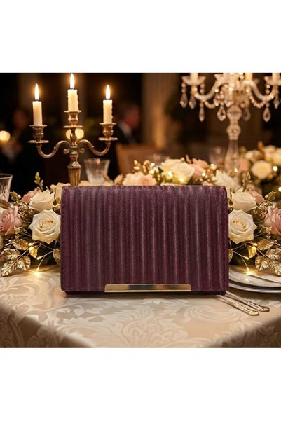 Elentra Plum Evening Bag, Satin Look Gold Clip Clutch Bag, Chain Strap Women's Evening Bag