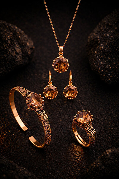 İyyaKee Kadın Bakır Bileklik Yüzük Küpe Kolye Takım Seti Doğal Zultanit Taşı ...