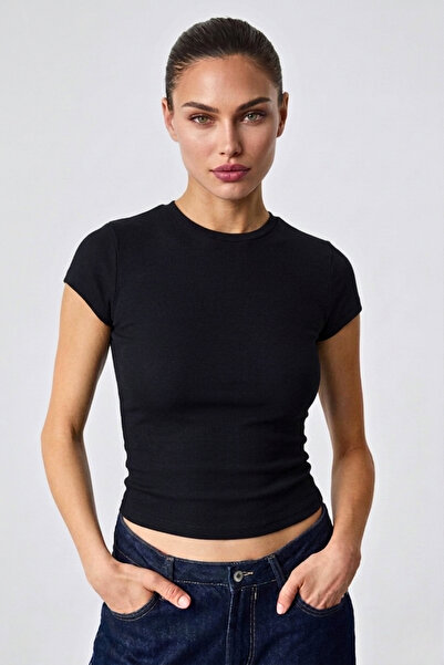 GUARAZ Γυναικείο ελαστικό υφασμάτινο μπλουζάκι με λαιμόκοψη ποδηλάτου, μαύρο,...