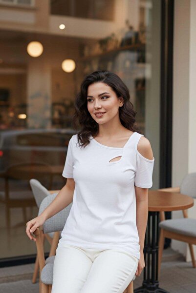 Mossta Ασύμμετρη μπλούζα με λαιμόκοψη από βισκόζη - Λευκή