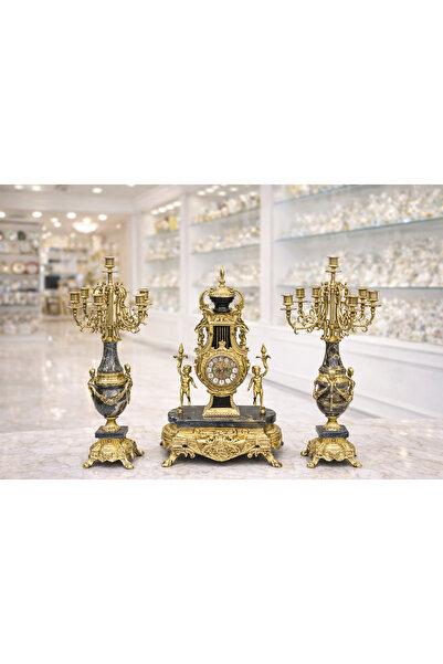 Handmade ESTERHOMEDECOR 3 Parça mermer kaideli pirinç şamdan seti