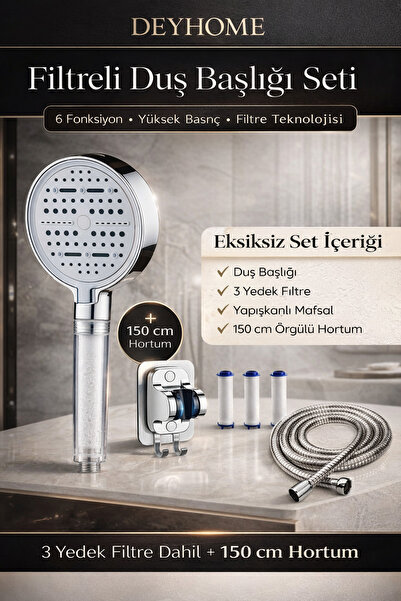 DEYHOME 4'lü Set 6 Fonksiyonlu Filtreli Duş Başlığı +Siyah Yapışkanlı Mafsal ...