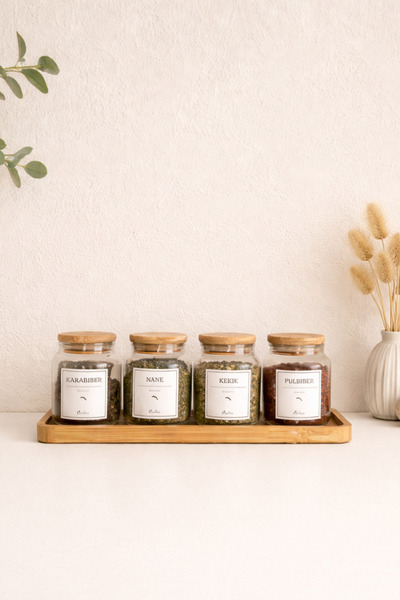 KaiHome Bambu Vakum Kapaklı 4lü Etiketli Cam Baharat Seti 16 Adet Etiket Ile