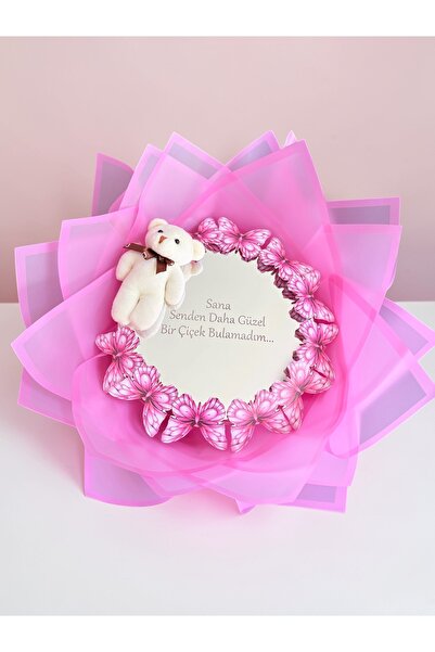 exzone Led Işıklı Ayıcıklı Aynalı Pembe Kelebek Buketi Sana Senden Daha Güzel...