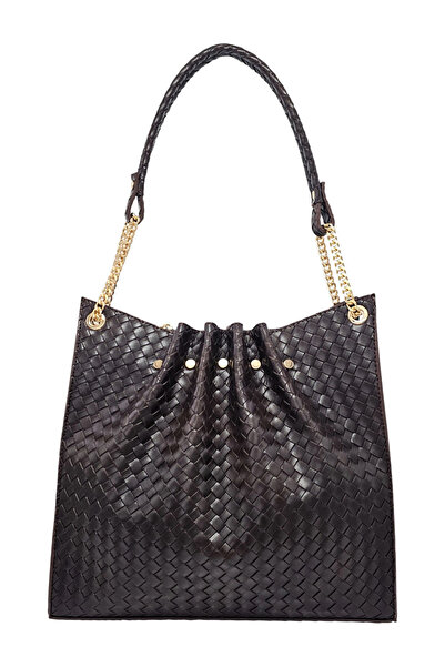 Evident Brown Knitted Patterned Chain Detailed Pleated Women's Shoulder Bag