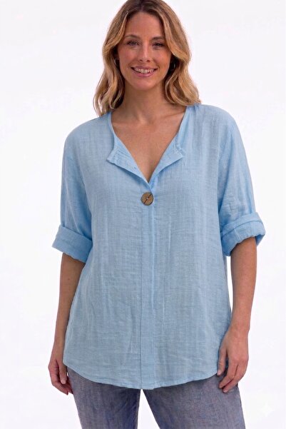 AYASOFYA OTANTIK Γυναικεία ιταλική ανοιχτό μπλε μπλούζα με λεπτομέρεια με κου...