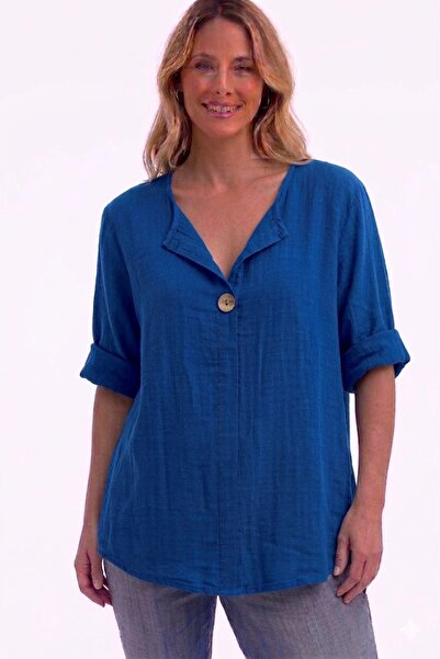 AYASOFYA OTANTIK Γυναικείο ιταλικό Saks μπλε κουμπί με λεπτομέρεια 3/4 μανίκι...