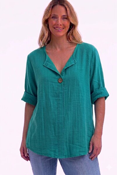 AYASOFYA OTANTIK Γυναικεία ιταλική πρασινομπλε μπλούζα με κουμπιά με λεπτομέρ...