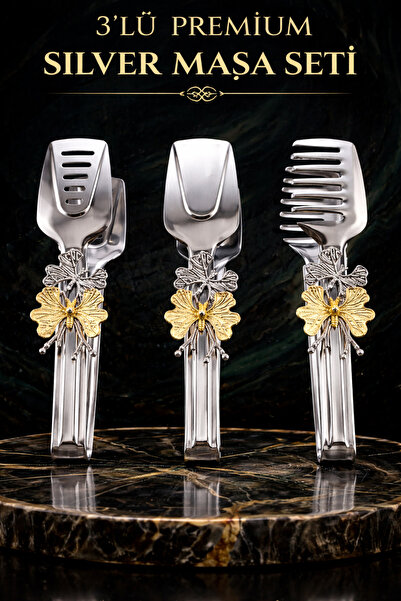 Ogeda Home, Kelebekli Gümüş Şık Servis Sunum Takımı Titanyum Kaplama 3'lü Maş...