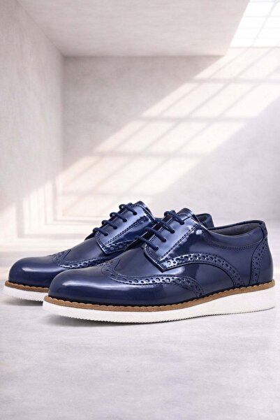 Rakerplus Navy Blue Patent Leather Lace-Up Men's Classic Shoes