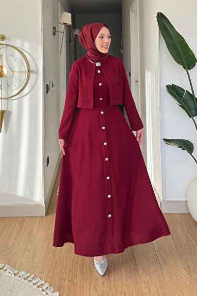 Tesettür Diyarı Γυναικείο φόρεμα από ύφασμα κρεπ με σακάκι - Βουργουνδίας